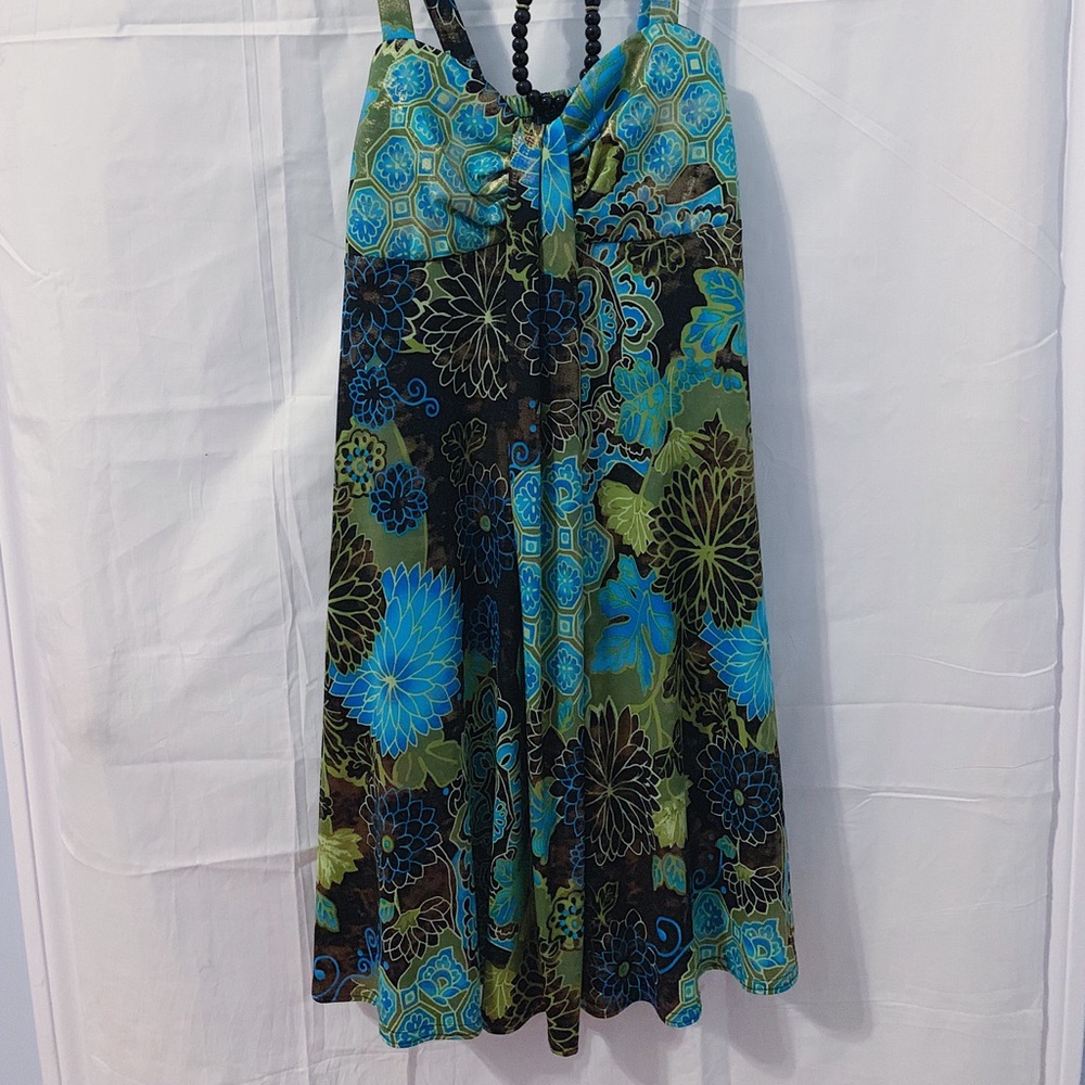 Aztec print dress gold blue green with necklace